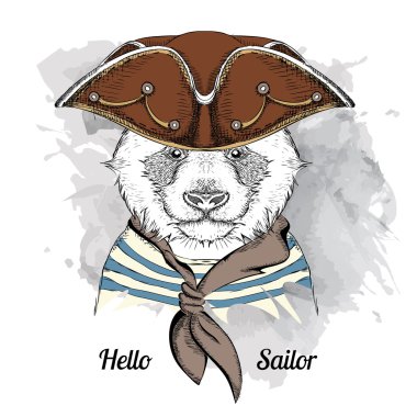 Denizci şapkalı panda portresi. Vektör çizimi.