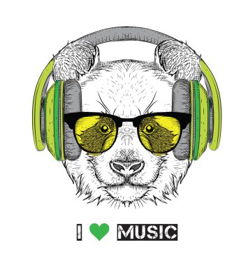 Gözlüklü, kulaklık ve hip-hop şapkalı panda görüntüsü. Vektör çizim.