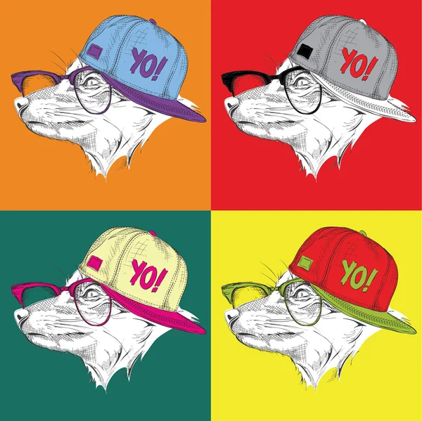 Ritratto di volpe in berretto da baseball con occhiali. Illustrazione vettoriale in stile pop art . — Vettoriale Stock