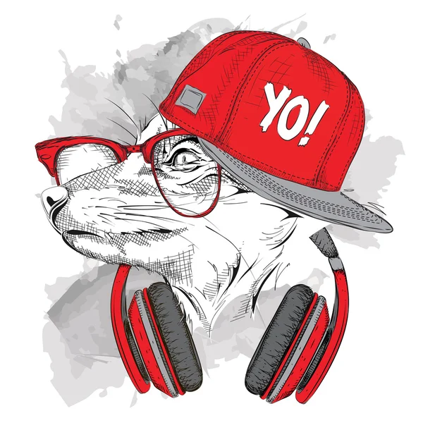 Портрет лисы в очках, наушниках и хип-хоп шляпе. Векторная иллюстрация . — стоковый вектор