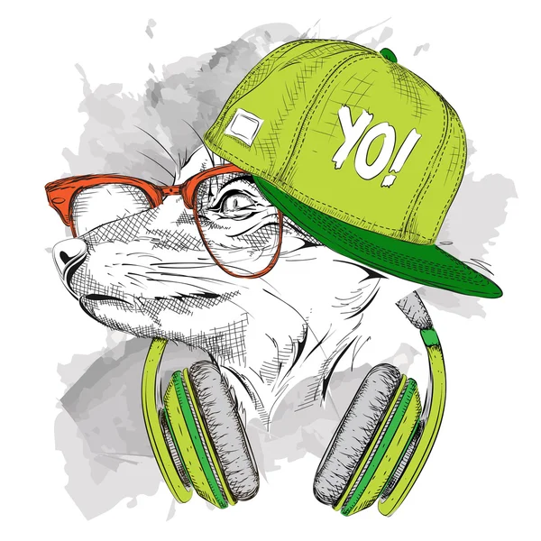 Portrét Fox brýle, sluchátka a hip-hop klobouku. Vektorové ilustrace. — Stockový vektor