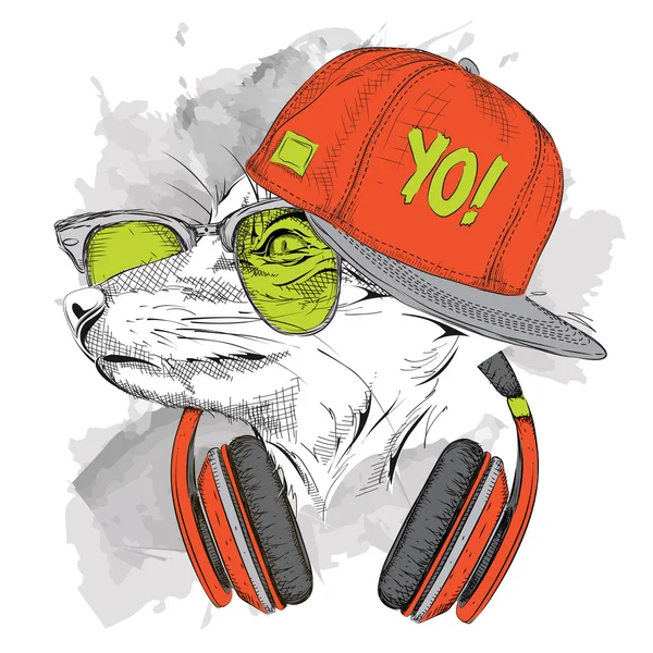 Ritratto di volpe in occhiali, cuffie e cappello hip-hop. Illustrazione vettoriale . — Vettoriale Stock