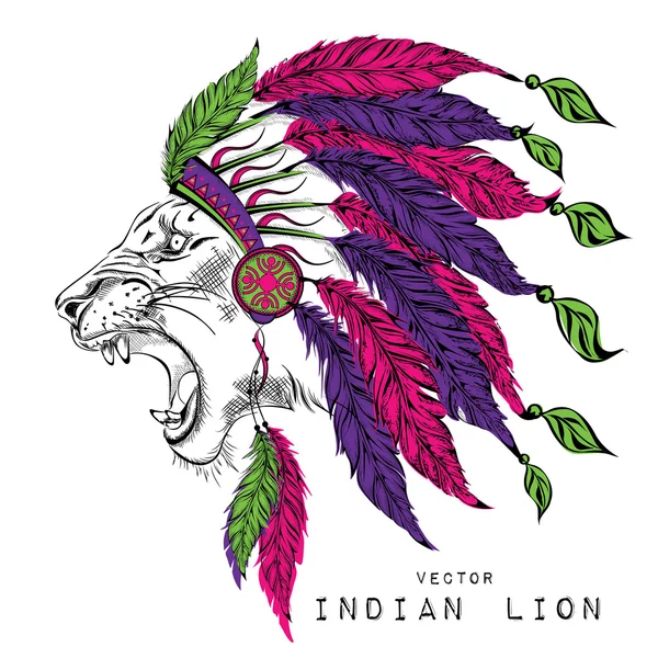 León en la cucaracha roja india. Tocado de plumas indias de águila — Vector de stock