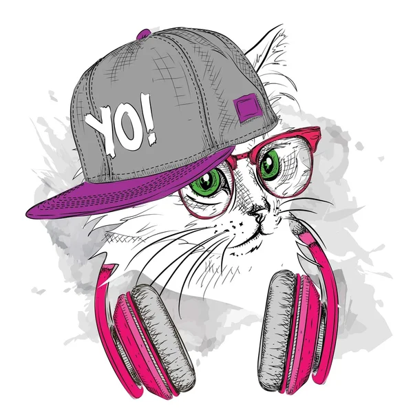 La imagen del gato en las gafas y auriculares. Ilustración vectorial . — Vector de stock