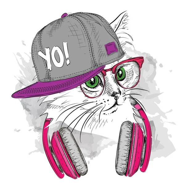 The image of the cat in the glasses and headphones. Vector illustration. — Stock Vector