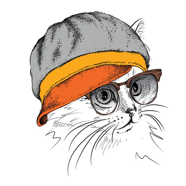 Porträt einer Katze mit Mütze. Vektorillustration — Stockvektor
