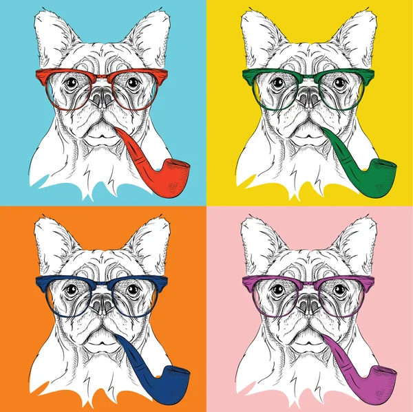 Imagen Retrato de perro en las gafas y con pipa de tabaco. Arte pop estilo vector ilustración — Vector de stock