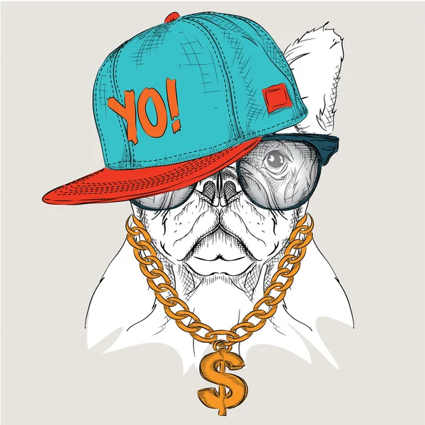 The poster with the image dog portrait in hip-hop hat. Vector illustration. — Stock Vector