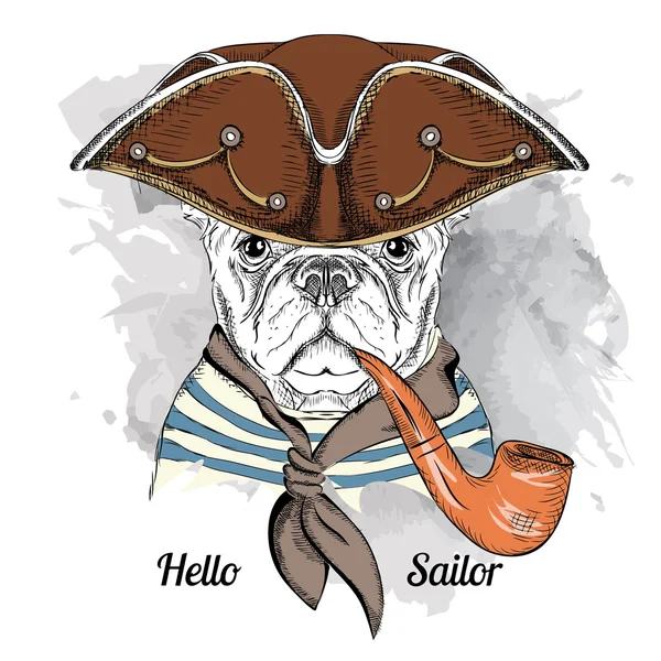 Porträt eines Hundes mit Matrosenhut und Tabakpfeife. Vektorillustration. — Stockvektor