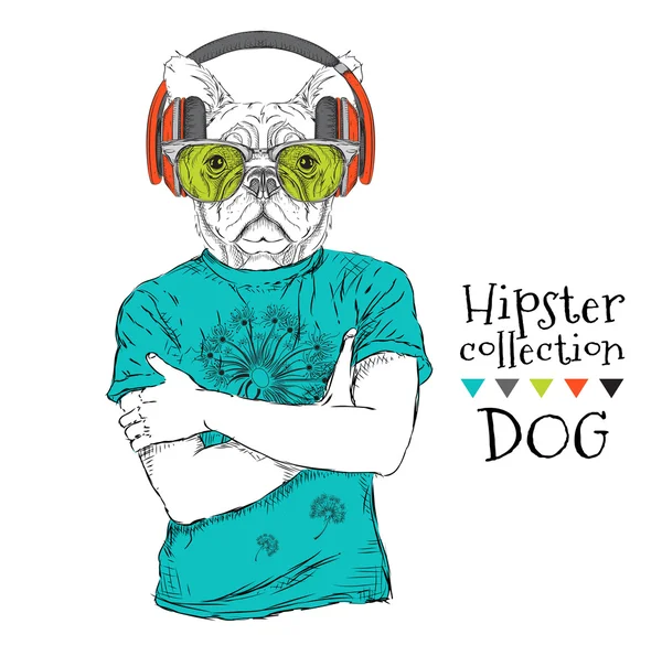 Hipster si oblékl psa z trička a s brýlemi, sluchátky. Vektorová ilustrace. — Stockový vektor