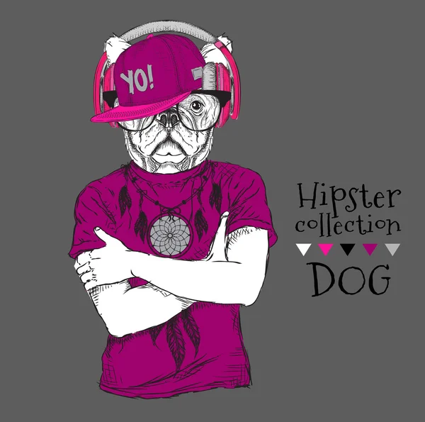 Hipster perro vestido con camiseta, auriculares, gorra y con gafas. Ilustración vectorial — Archivo Imágenes Vectoriales