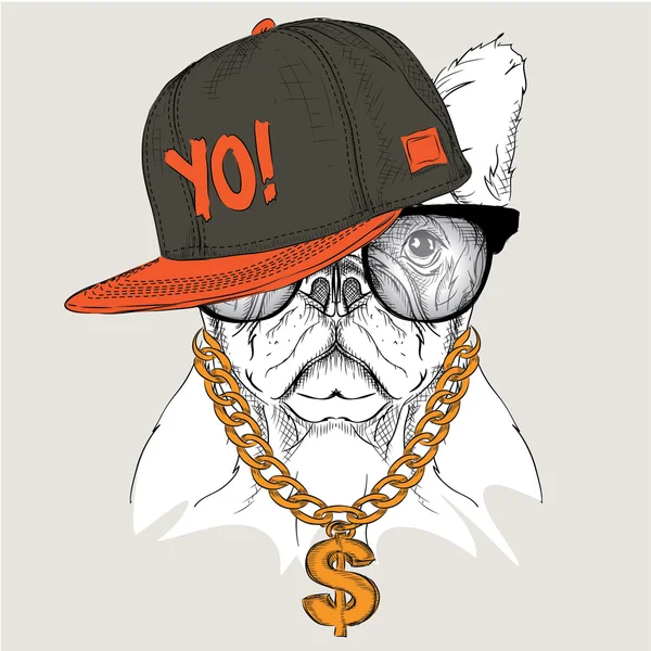 Afișul cu portretul câinelui de imagine în pălărie hip-hop. Ilustrație vectorială . — Vector de stoc