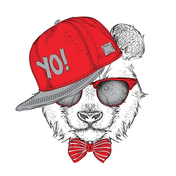 Il poster con il ritratto del panda immagine in cappello hip-hop. Illustrazione vettoriale . — Vettoriale Stock