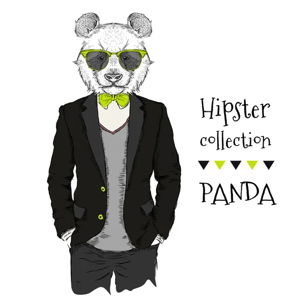 Ilustrace Panda hipstera oblečená ve svěrací kazajce, kalhotách a svetru. Vektorová ilustrace — Stockový vektor