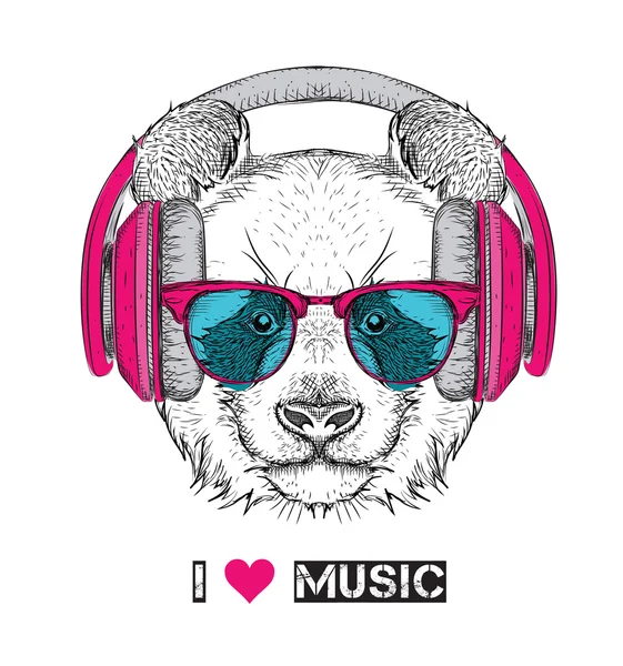 Obrázek panda v brýle, sluchátka a hip-hop klobouku. Vektorové ilustrace. — Stockový vektor