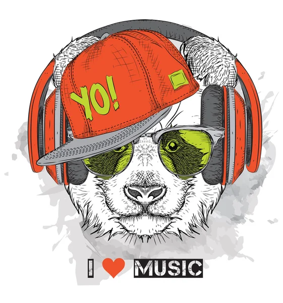 Het beeld van de panda in de glazen, hoofdtelefoons en hip-hop hoed. Vectorillustratie. — Stockvector