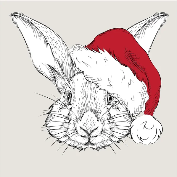 Das Weihnachtsposter mit dem Hasenporträt im Weihnachtsmannhut. Hand zeichnen Vektor Illustration. — Stockvektor