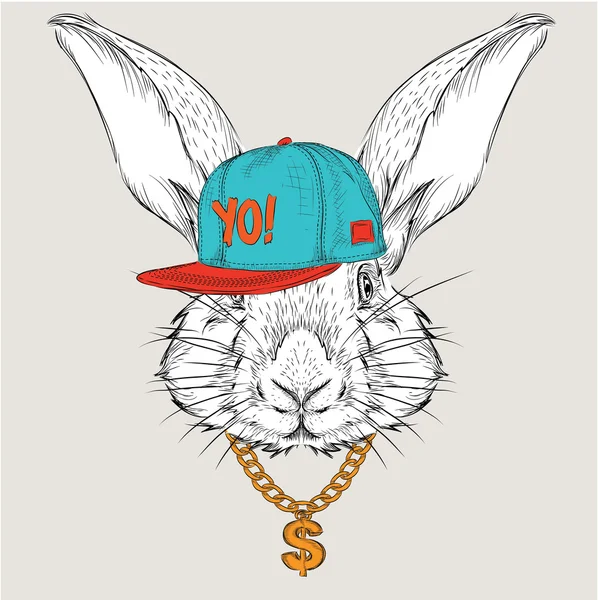 Il poster con l'immagine ritratto di coniglio in cappello hip-hop. Illustrazione vettoriale . — Vettoriale Stock