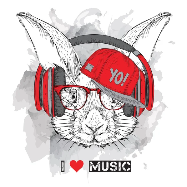 Gözlük, kulaklık ve hip-hop şapka tavşan görüntüsü. Vektör çizimi. — Stok Vektör