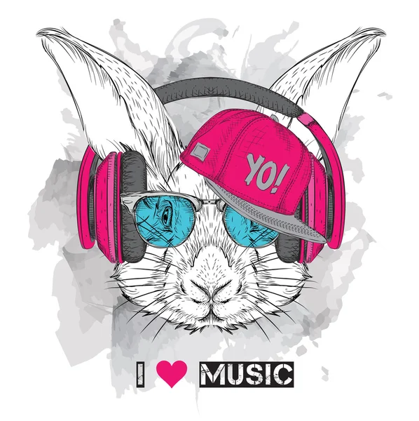 Het beeld van het konijn in de bril, hoofdtelefoon en in hip-hop hoed. Vector illustratie. — Stockvector