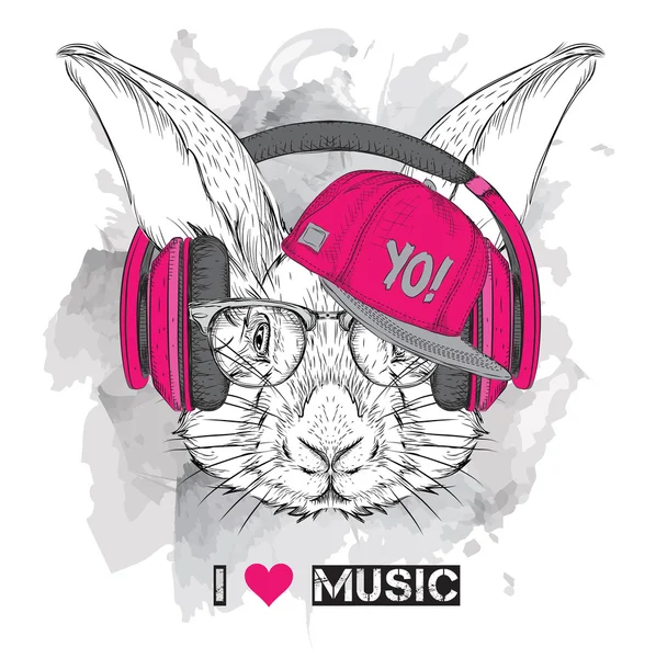 Het beeld van het konijn in de bril, hoofdtelefoon en in hip-hop hoed. Vector illustratie. — Stockvector