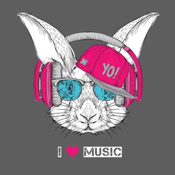 L'image du lapin dans les lunettes, écouteurs et chapeau hip-hop. Illustration vectorielle . — Image vectorielle