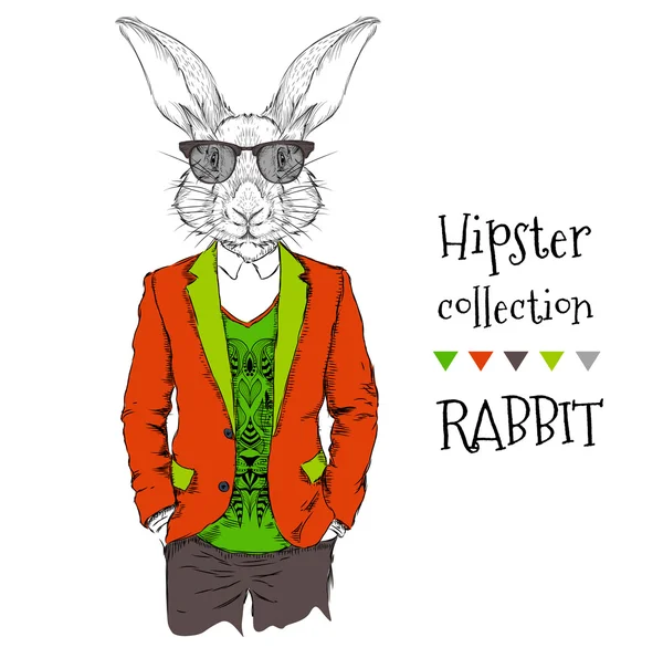 Иллюстрация хипстера-кролика, одетого в куртку, брюки и свитер. Векторная иллюстрация — стоковый вектор