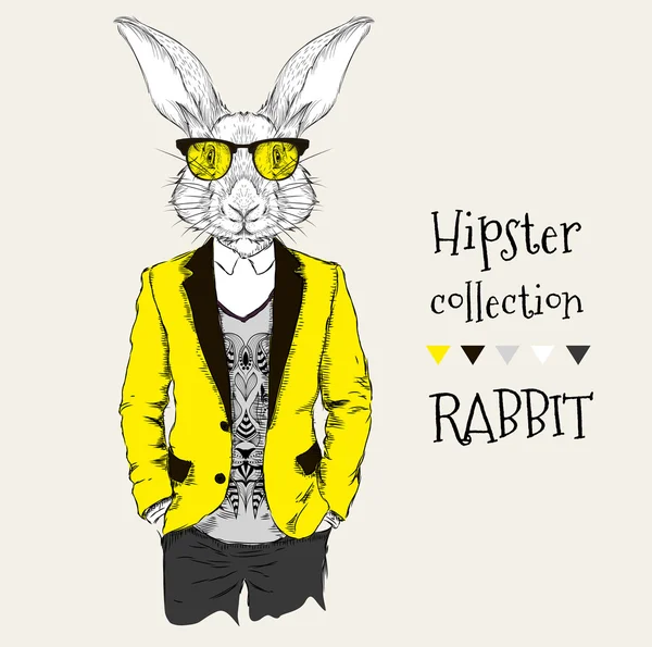 Иллюстрация хипстера-кролика, одетого в куртку, брюки и свитер. Векторная иллюстрация — стоковый вектор