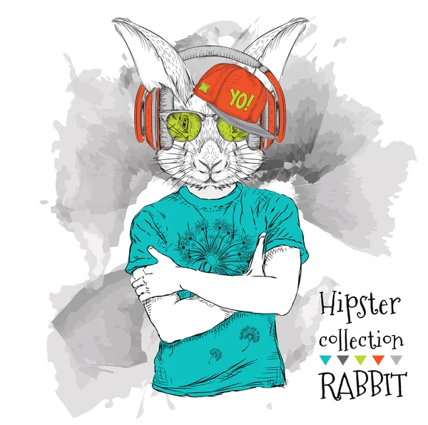 Ilustracja królika Hipster ubrana w t-shirt, Spodnie i okulary i słuchawki. Ilustracja wektorowa. — Wektor stockowy