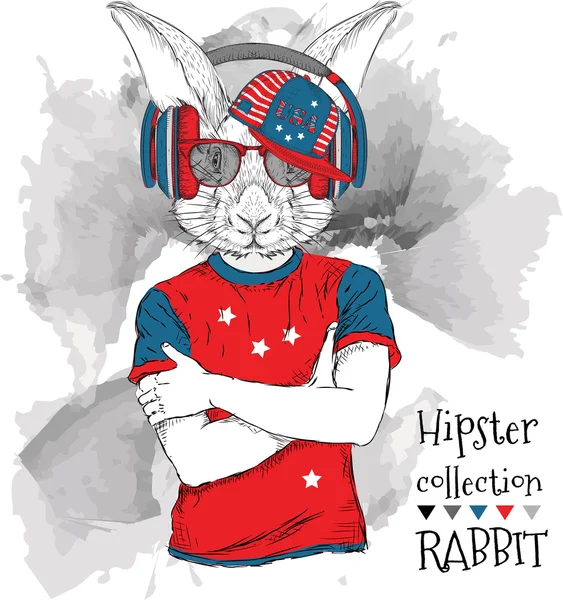 虎兔身着眼镜，身着印有乌萨国旗图案的T恤衫。矢量插图. — 图库矢量图片