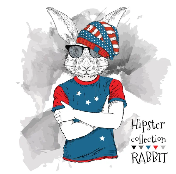 Ilustración de conejo tigre disfrazado de gafas y camiseta con estampado de bandera de Estados Unidos. Ilustración vectorial . — Archivo Imágenes Vectoriales