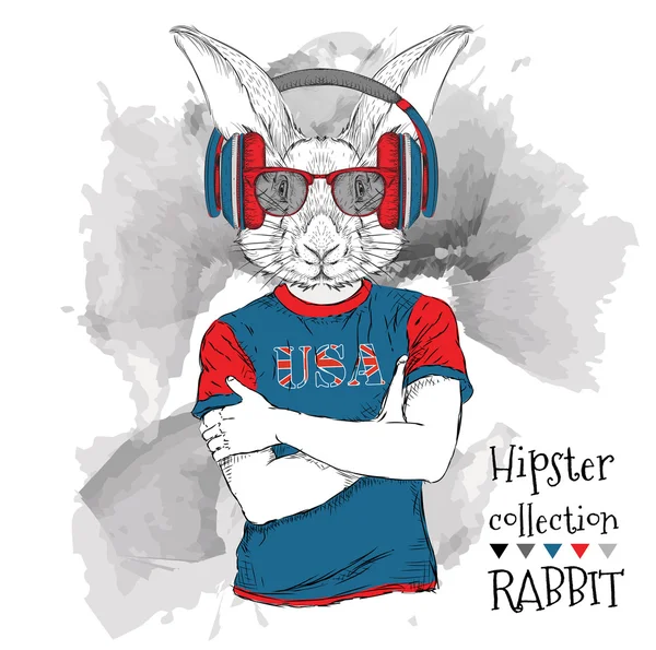 Illustration des Tigerhasen in Brille und T-Shirt mit dem Aufdruck der US-Flagge. Vektorillustration. — Stockvektor