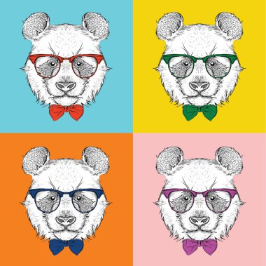 Kravat ve gözlük ile panda Resim Portresi. Pop art tarzı vektör illüstrasyon.