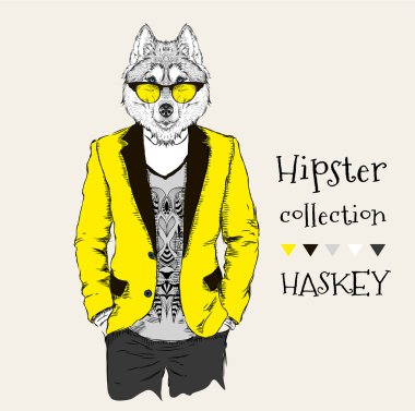 Ceket, pantolon ve kazak giymiş husky hipster İllüstrasyon. Vektör çizimi
