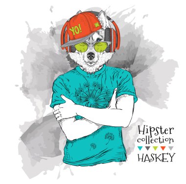Husky hipster İllüstrasyon t-shirt, pantolon ve gözlük ve kulaklık giymiş. Vektör çizimi.