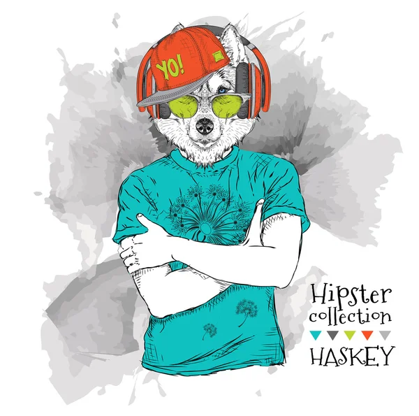 Illustration de Husky hipster habillé en t-shirt, pantalon et dans les lunettes et écouteurs. Illustration vectorielle . — Image vectorielle