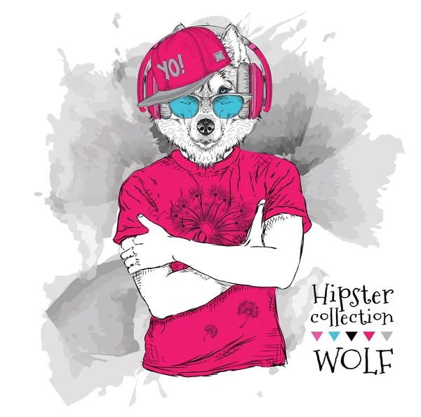 Ilustracja Husky Hipster ubrany w t-shirt, Spodnie i okulary i słuchawki. Ilustracja wektorowa. — Wektor stockowy