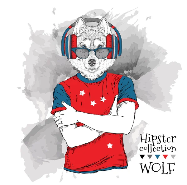 Illustration de loup habillé dans les lunettes et dans le t-shirt avec l'impression du drapeau des États-Unis. Illustration vectorielle . — Image vectorielle