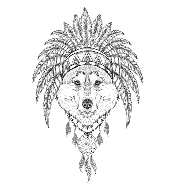 Wolf in the Indian roach. Indian feather headdress of eagle. Hand draw vector  illustration — Wektor stockowy