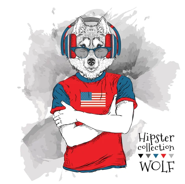 안경과 티셔츠에 미국 국기의 프린트를 입은 늑대의 일러스트. 벡터 일러스트레이션. — 스톡 벡터