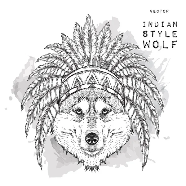 Wolf in the Indian roach. Indian feather headdress of eagle. Hand draw vector  illustration — Stockový vektor