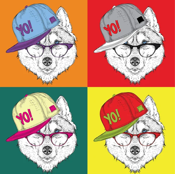 Portrait de husky en casquette de baseball avec des lunettes. Illustration vectorielle style pop art . — Image vectorielle