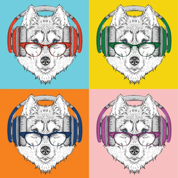 Portrait of Husky in headphones and with glasses. Pop art style vector illustration. — Stock Vector