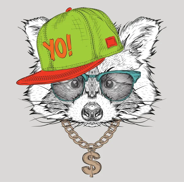 A poszter a kép mosómedve portré hip-hop kalapban. Vektoros illusztráció. — Stock Vector