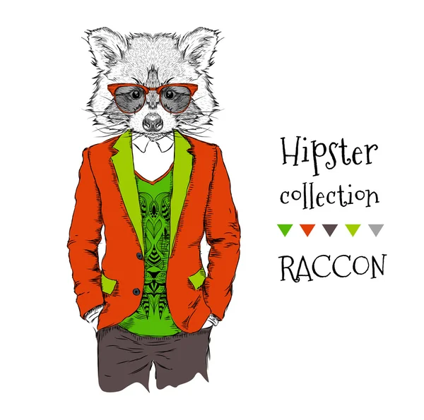 Ilustración de Mapache hipster vestido con chaqueta, pantalones y suéter. Ilustración vectorial — Vector de stock