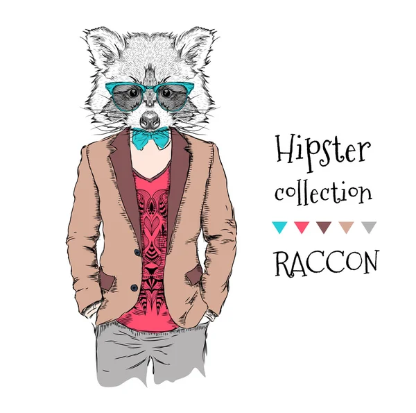 In Jacke, Hose und Pullover gekleidete Waschbär-Hipster. Vektorillustration — Stockvektor