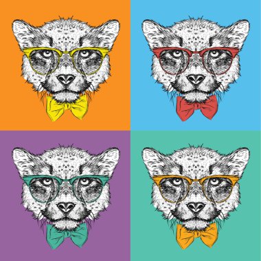 Image Portrait cheetah in the cravat and with glasses. Pop art style vector illustration. vector