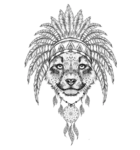 Il ghepardo nello scarafaggio indiano. Copricapo indiano di piuma d'aquila. Illustrazione vettoriale di disegno a mano — Vettoriale Stock