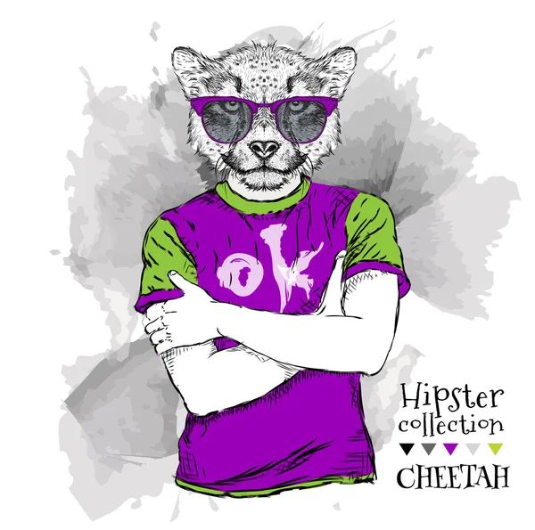 Hipster habillé guépard en t-shirt et avec les lunettes, écouteurs. Illustration vectorielle . — Image vectorielle