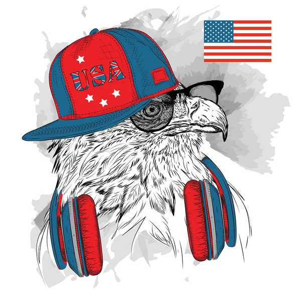 Ilustración de águila en las gafas, auriculares y sombrero de hip-hop con estampado de USA. Ilustración vectorial . — Archivo Imágenes Vectoriales